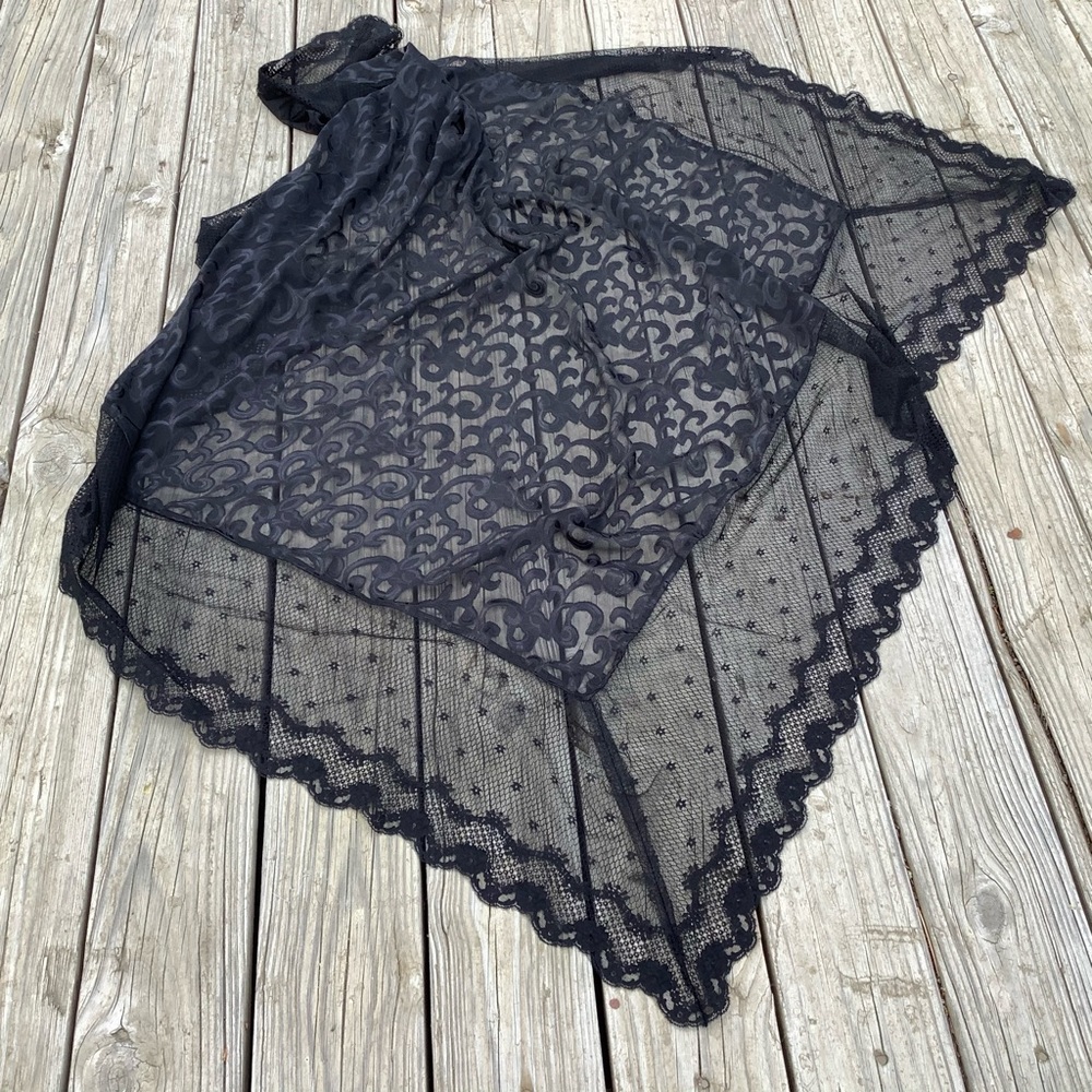 Extra Large Black Chiffon Shawl with Lace Gift idea for Women Black Square Scarf